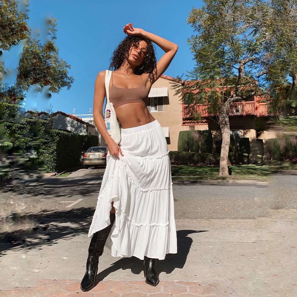 Princess Polly Miriah Tiered Maxi Skirt White Ruffle Trim Boho Crinkle Rayon 0